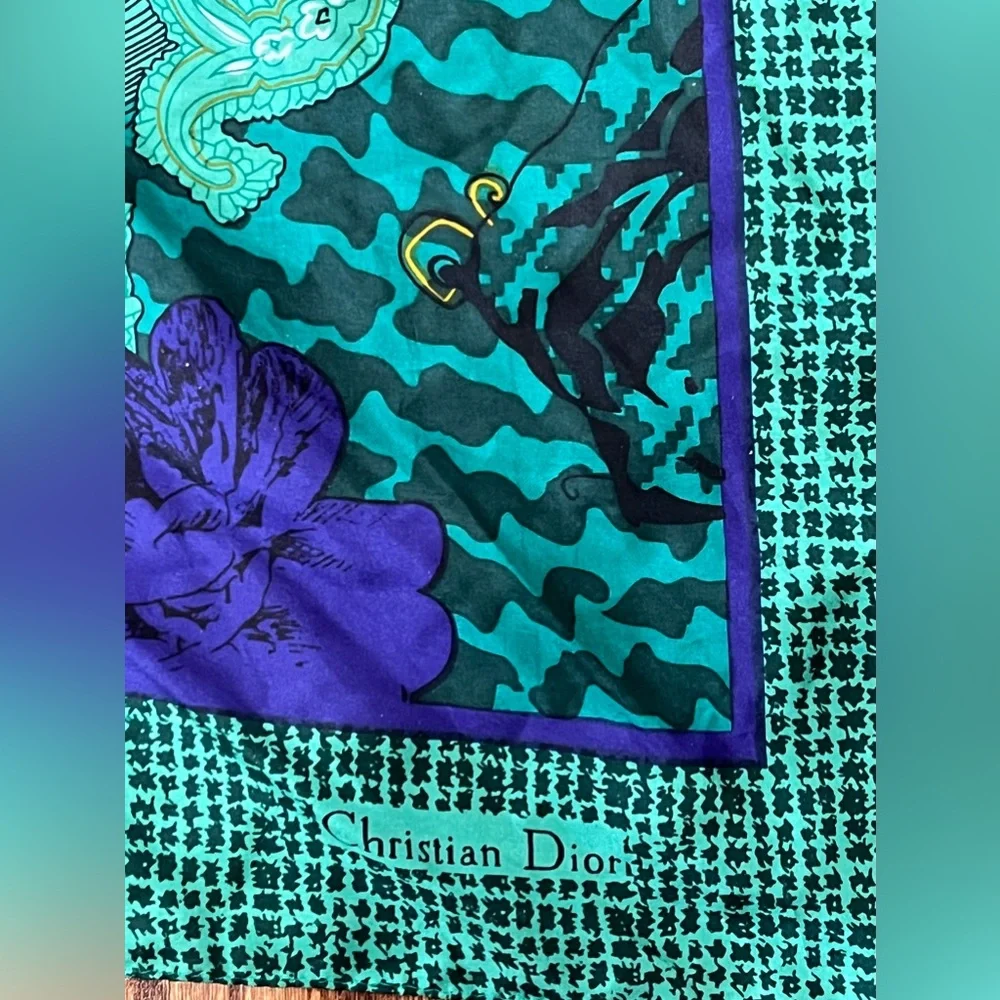 Christian Dior Autumn Green Hues Violet Floral Paisley Silk Scarf EUC